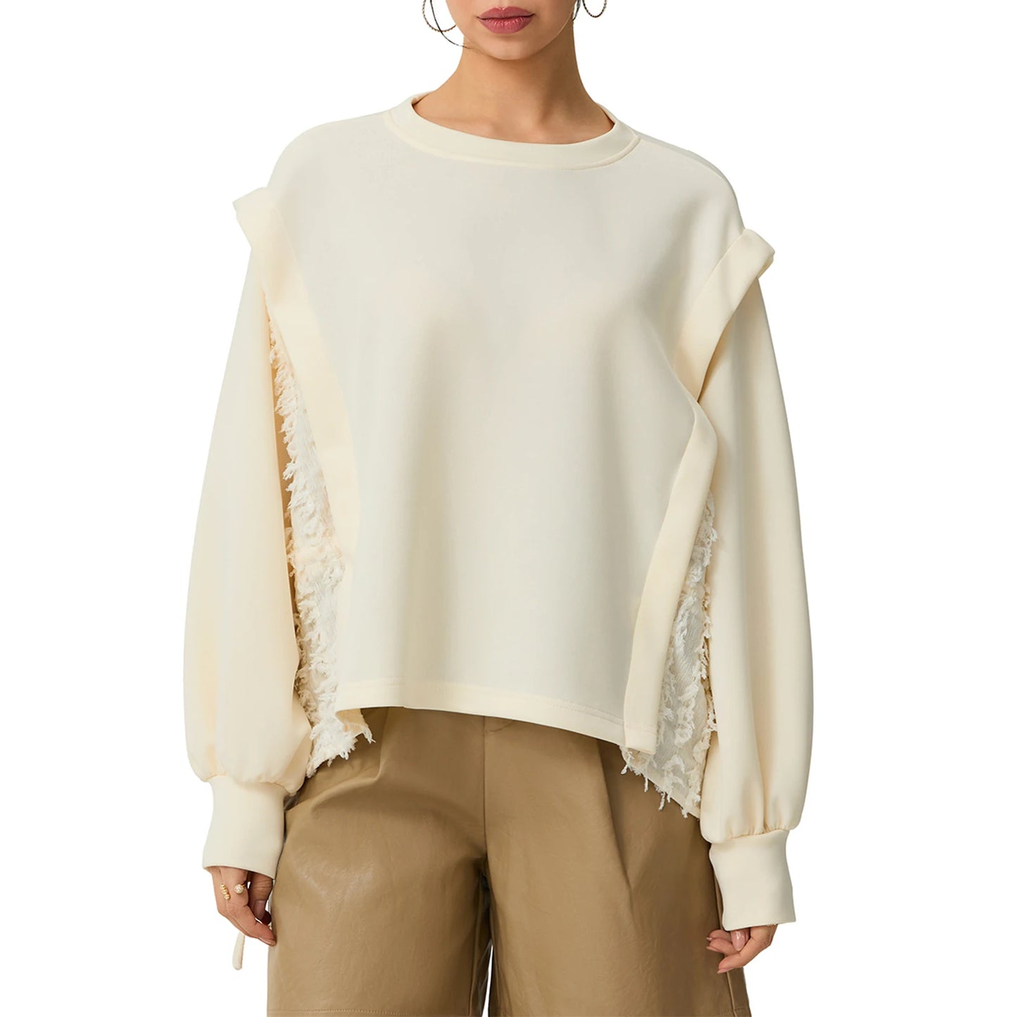 Women s Distressed  Oversized Pullover Sweater with Ribbed Crew Neck and Long Sleeves