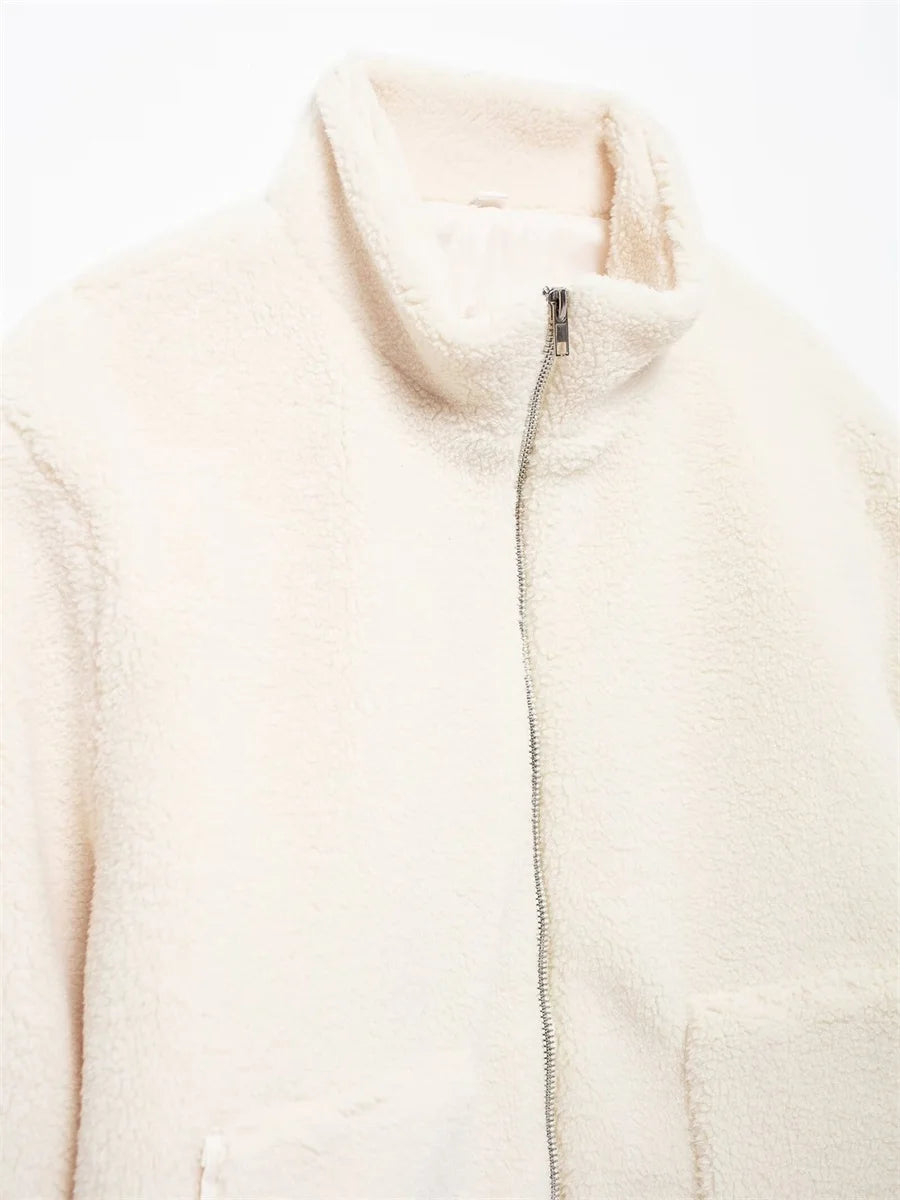 Warm Fleece Coat Casual Thick Stand Collar Long Sleeve Zip Up Wool Jacket