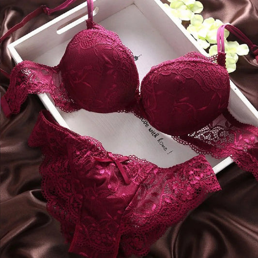 Lace Lingerie Set with Floral Embroidery and Matching Panties Sexy Push-Up Bra and Underwear Intimates