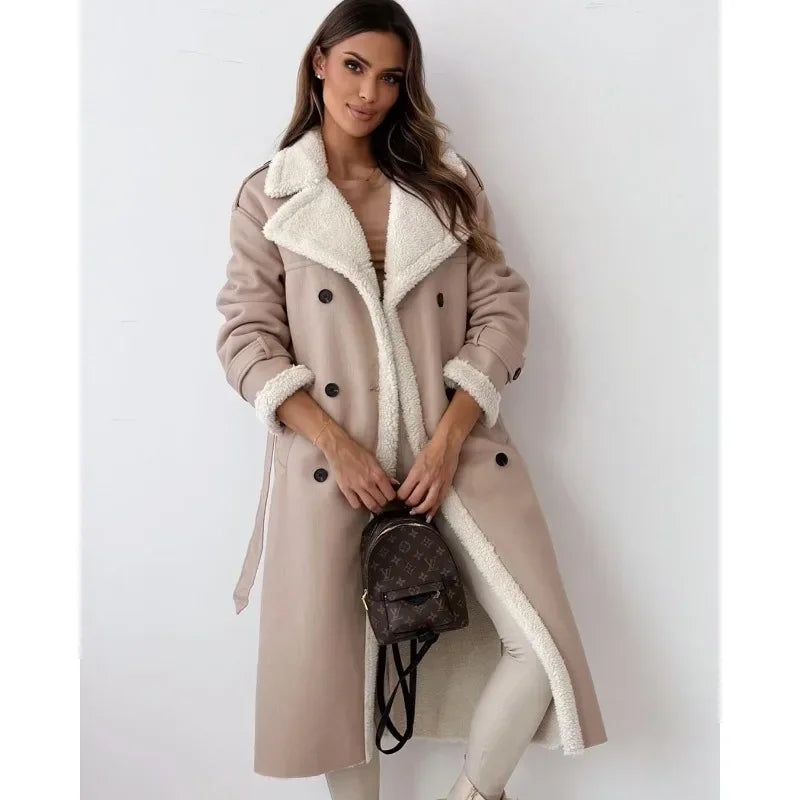 Faux Fur Thick Warm Jacket Ladies Long Sleeved Lapel Collar Elegant Soft Coat