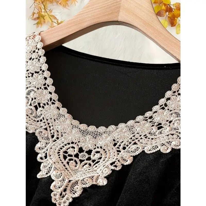 Contrast Lace Crew Neck Top  Casual Long Sleeve Top for Spring & Fall  Women's Plus Size Clothing