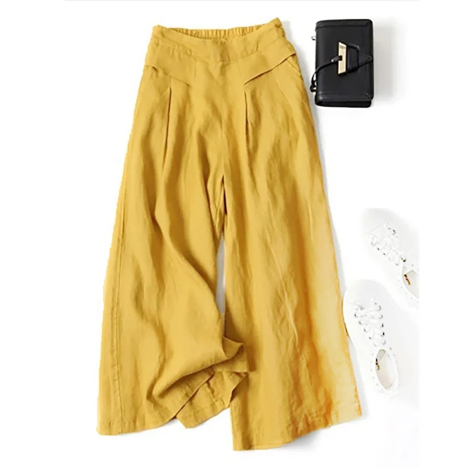 Summer Pants for Women Cotton Linen Large Size Wide Leg Pants Femme Arts Style Elastic Waist Solid Casual Loose