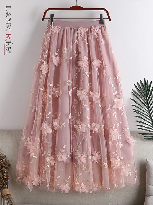 Embroidered Floral Spliced Mesh  High Waist A-line Skirt