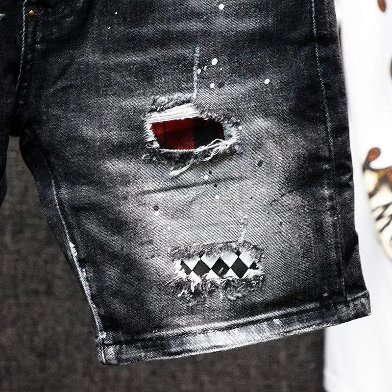 Luxury Brand Designer Clothes  Casual Denim Knee-Length Shorts  Fashion Black Patches Paint Jeans Shorts