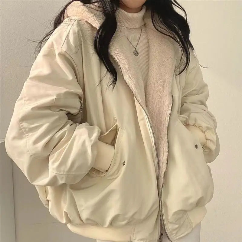 Casual Thicken Double Sided Jackets Coat Hooded Loose Zip Up Jackets Solid Simple Niche Versatile Coat