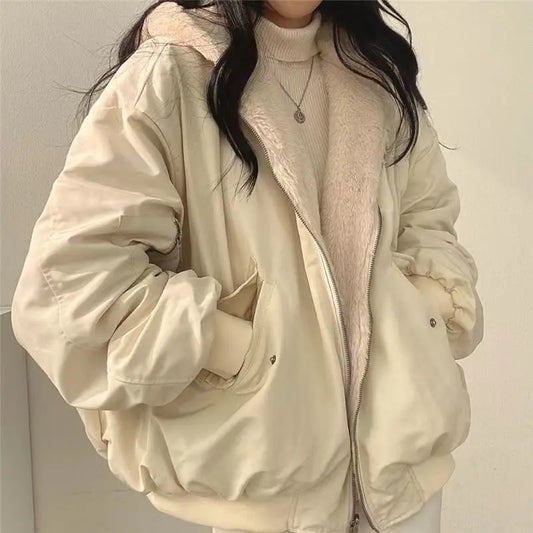 Casual Thicken Double Sided Jackets Coat Hooded Loose Zip Up Jackets Solid Simple Niche Versatile Coat