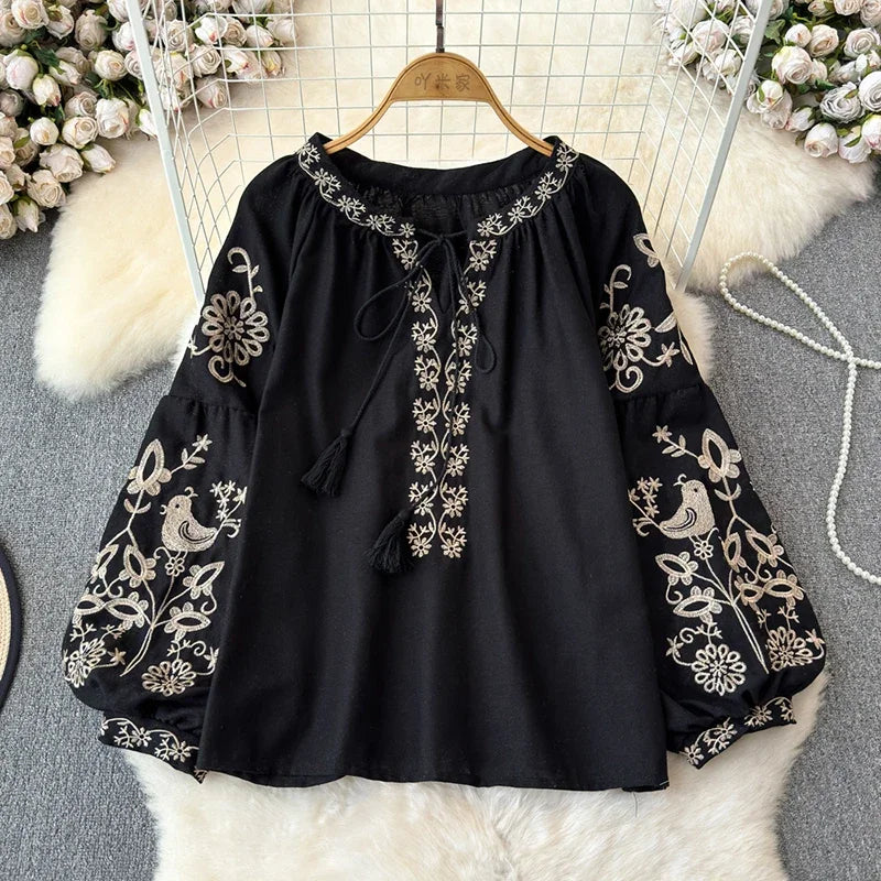 Retro Embroidered Lace-Up Tassel V-Neck Lantern Sleeve Top