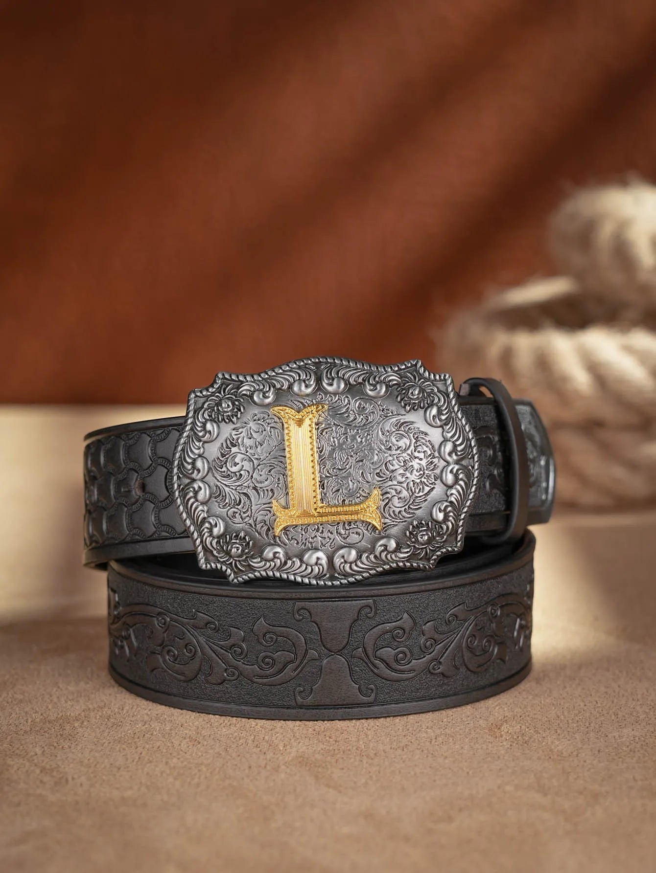 Western Cowboy PU Leather Belt  Waist Strap Bull Decoration Floral Engraved for Jeans