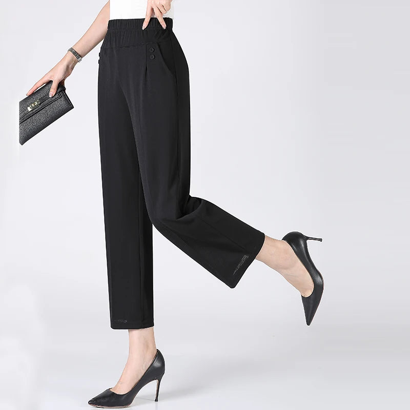 Summer Thin Breathable Elastic Pants 8XL Women's Solid Color High Waisted Loose Casual Pants Elastic straight leg