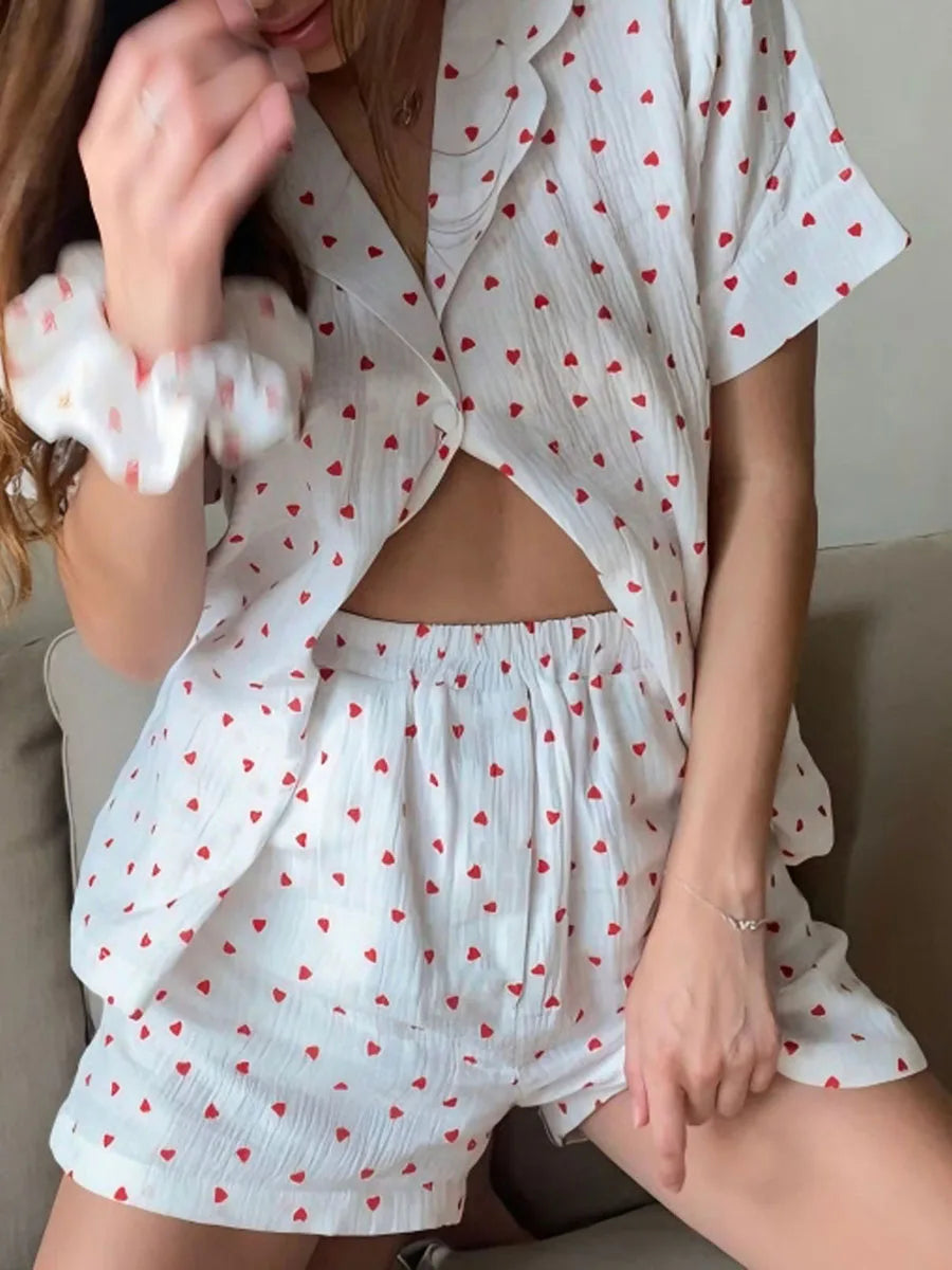 Women s Lightweight Pajama Set V-Neck Button Up Short Sleeve Shirt Elastic Waist Shorts with Cute Heart Pattern 2 Piece