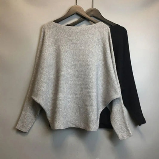 Women's One line Neck Bat Sweater Knitted Pullover Loose and Simple Long Sleeve Solid Color