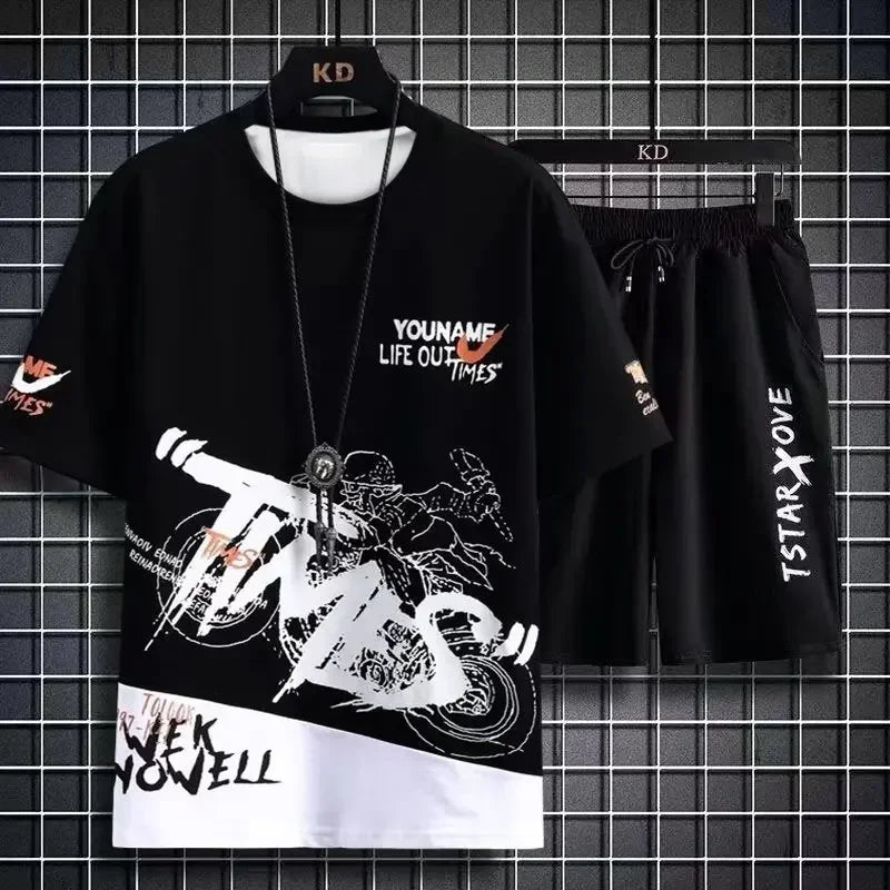 Men's Sets Summer Fashion T Shirts Casual Polyester Gradient Shorts Set Men's Sporty Two-piece Outfit Basketball Tracksuits