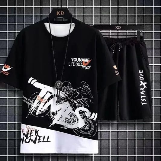 Men's Sets Summer Fashion T Shirts Casual Polyester Gradient Shorts Set Men's Sporty Two-piece Outfit Basketball Tracksuits