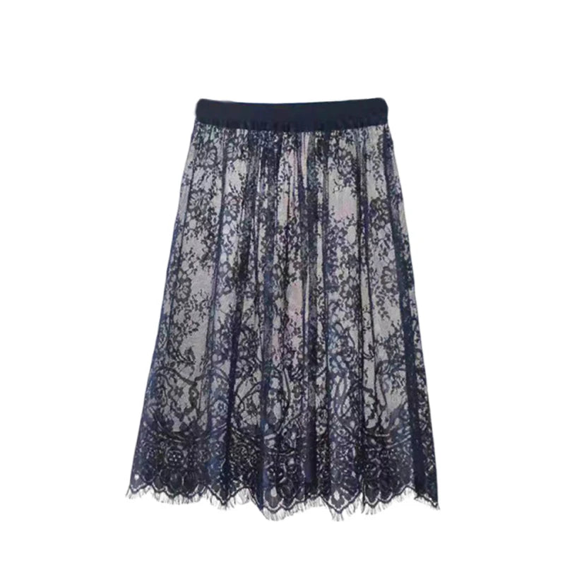Floral Lace Maxi Skirt with Elastic Waistband and Sheer Mesh Overlay - Perfect for Layering Under Dresses