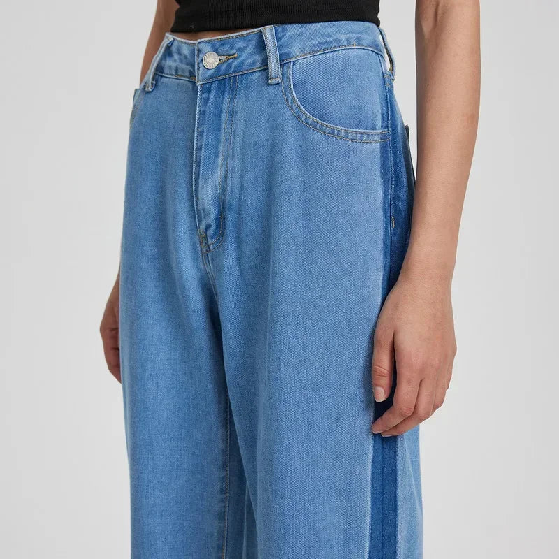 Women High Rise Slit Jeans Straight Wide Leg Loose Denim  Trousers Streetwear