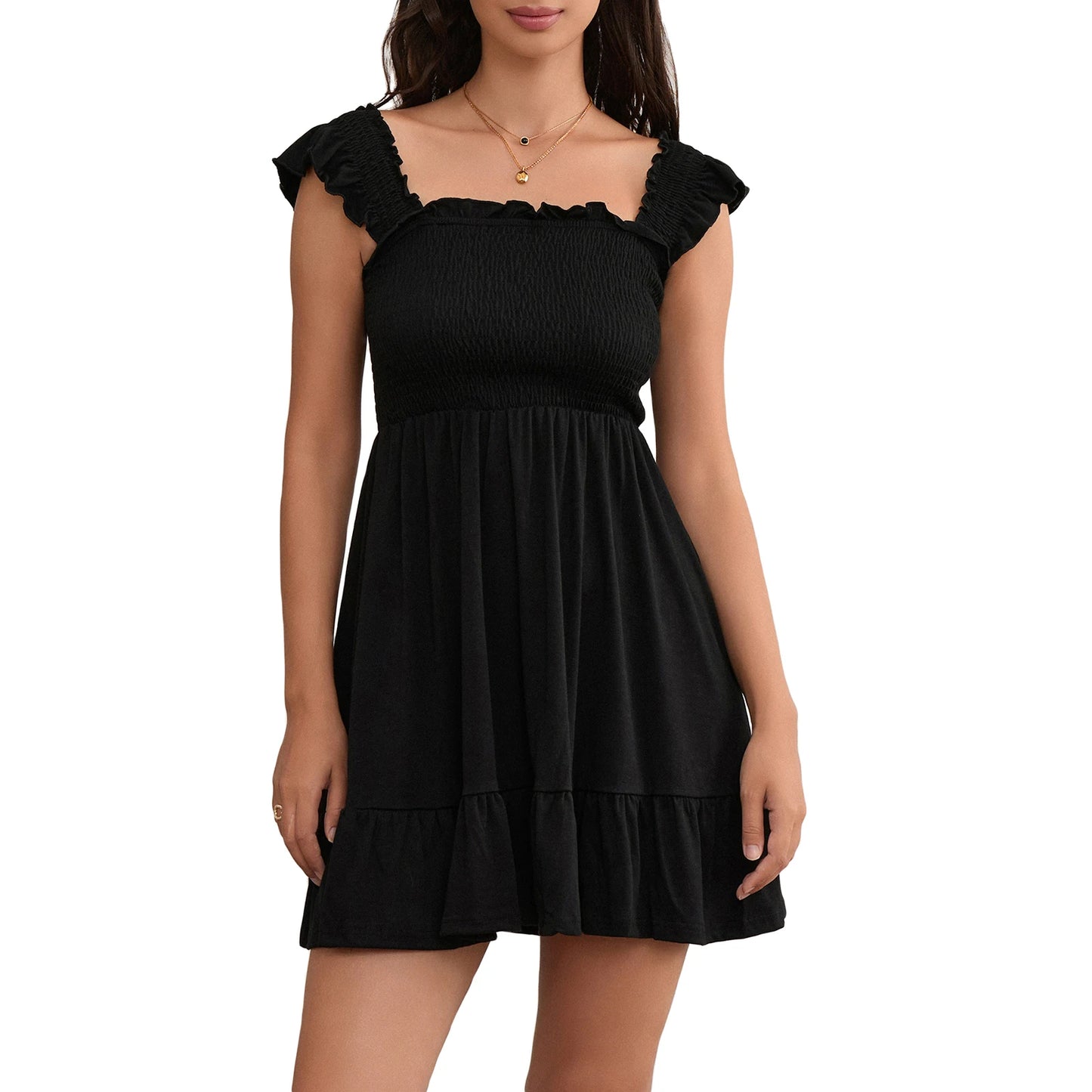 Solid Color Mini Dress Fly Sleeve Ruched A-line  Casual Dress