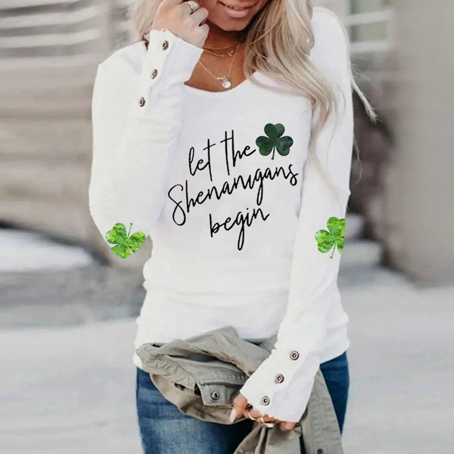 Women's St Patrick's Day Irish T-Shirts Green Clovers Print Long Sleeve Round Neck Loose Casual Tees