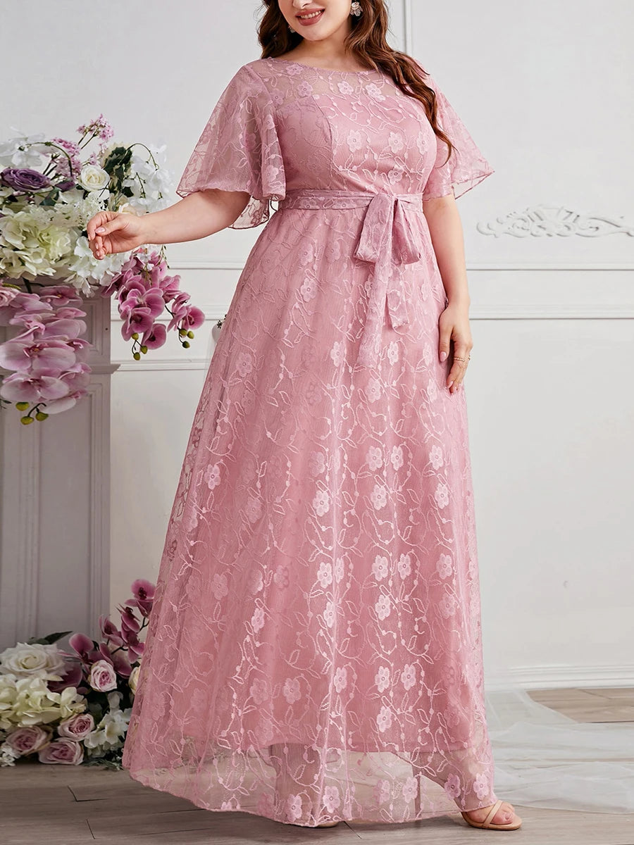 Round-Neck Short Sleeve Solid Print Maxi Dress with Belt