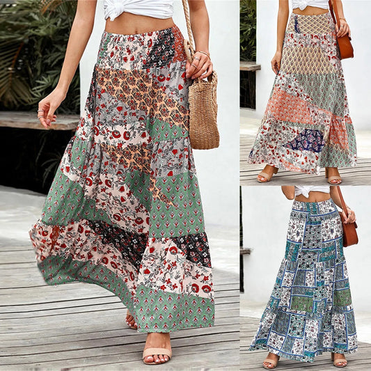 All-Match Skirt Loose Elastic Waist Floral Print Ethnic Style Boho Skirt Bohemian Vintage Skirt