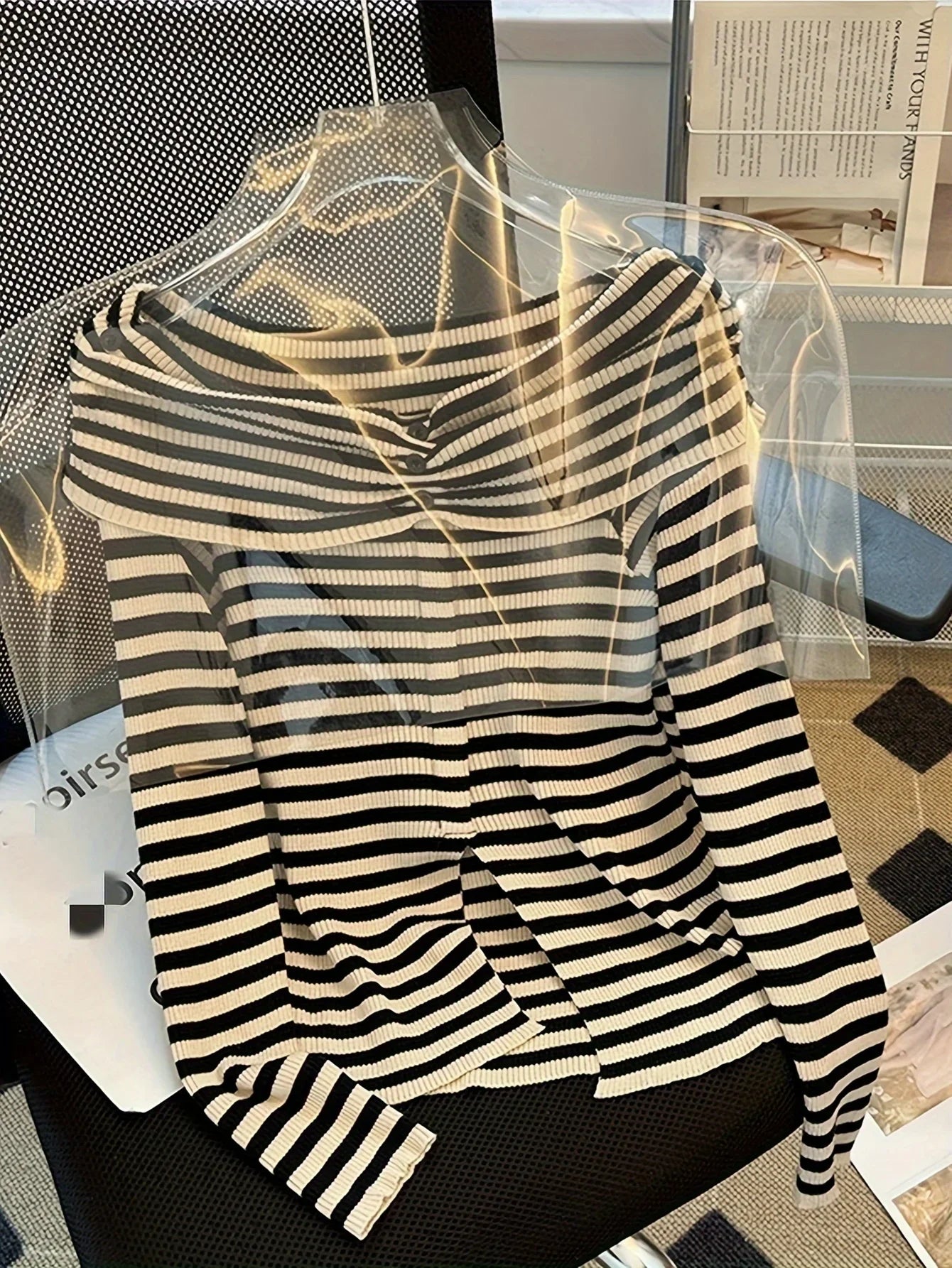 Striped Off Shoulder Knitted Top Casual Ruched Long Sleeve Split Sweater For Spring & Fall, Women's Clothing