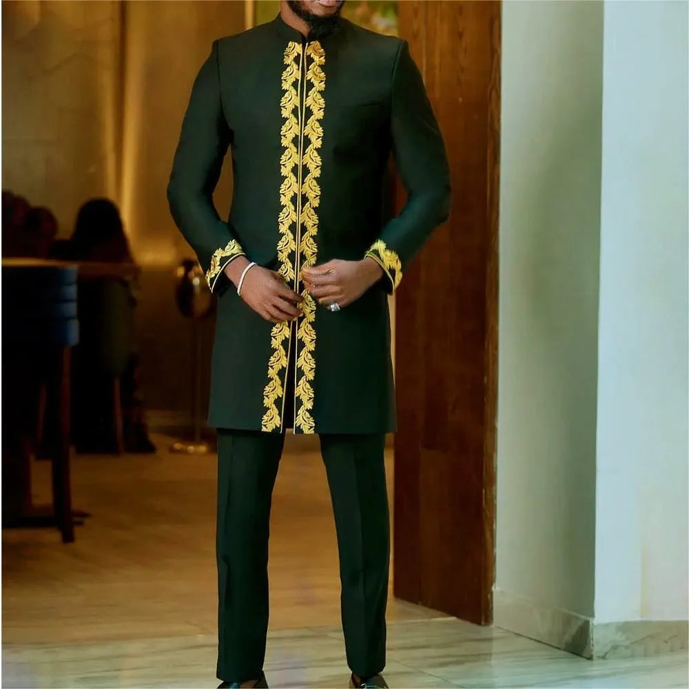 Men's  Wedding 2-Piece Suit Waist Pants Shirt Solid Color Panel Long Sleeve Party African Ethnic Style Clothing