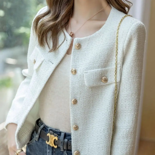 French Wool Tweed Coat Fashion High-end Gold Button Short Slim  Spring and Autumn  Women's Jacket
