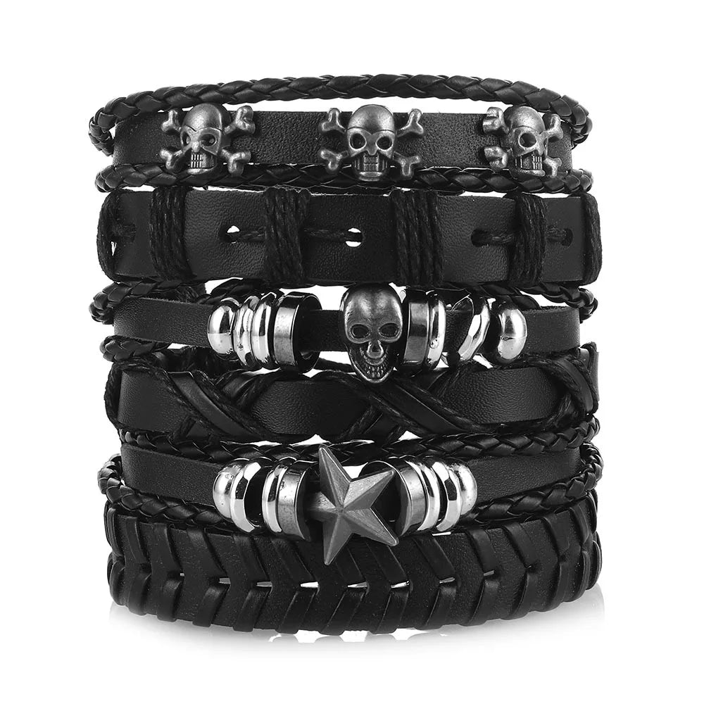 1 Fashion Bracelet Viking  Bracelet For Men Hand Bracelets Woven Skull Hand Jewelry Adjustable Leather Set Bracelet