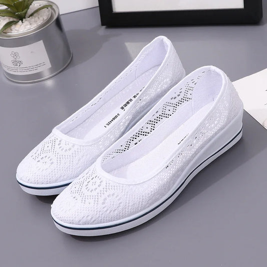 Lace Hollow Breathable Shoes Flat Mid Wedge Heel Women's Summer Beauty Shoes Size 34-41