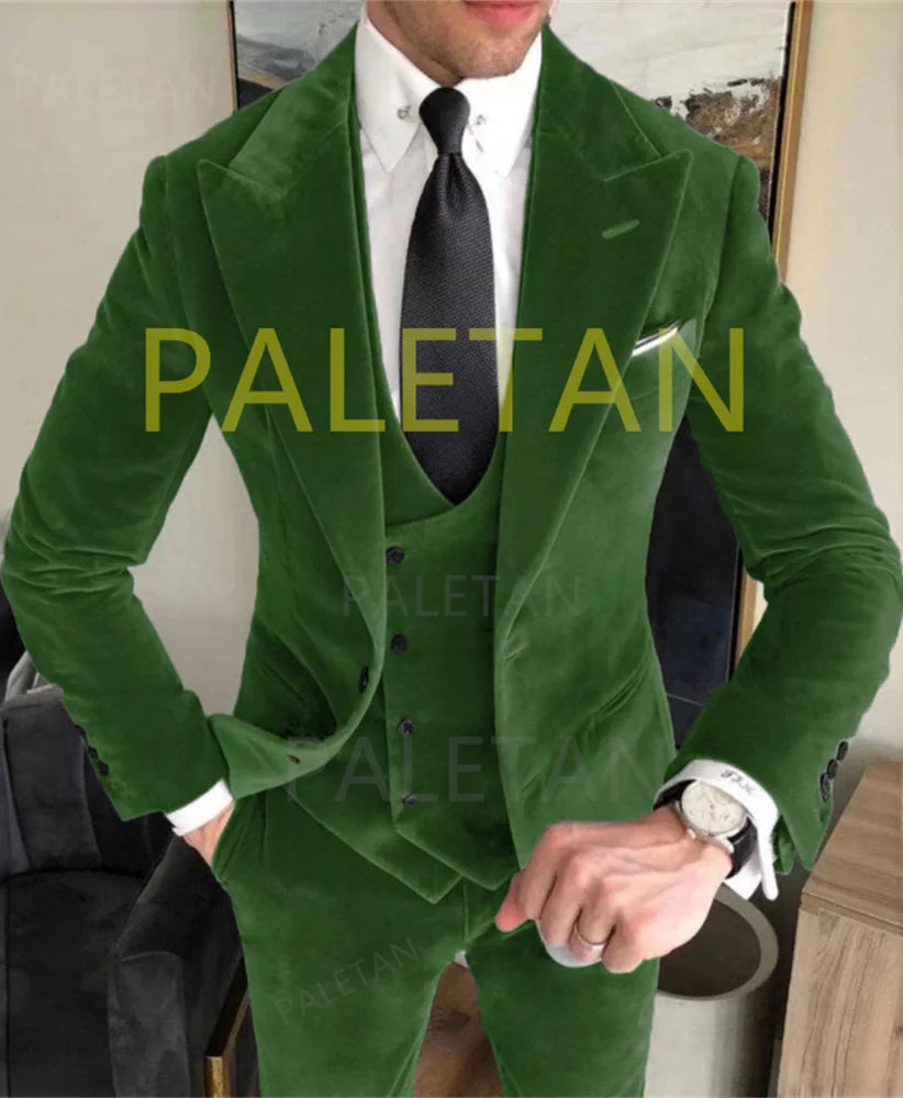 Business Velvet Blazer Sets Men's Suits Elegant Formal 3 Pieces Outfits Jacket+Pants+Vest