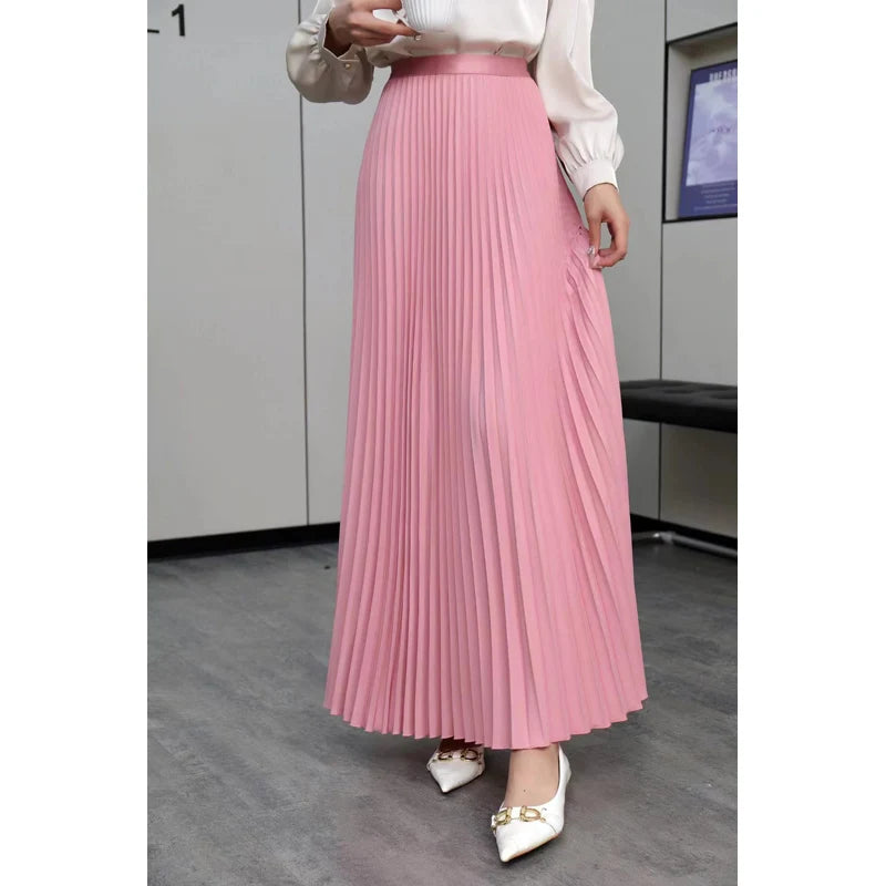 Casual Office  Pleated Skirt  Hight Waist Solid Long Skirt
