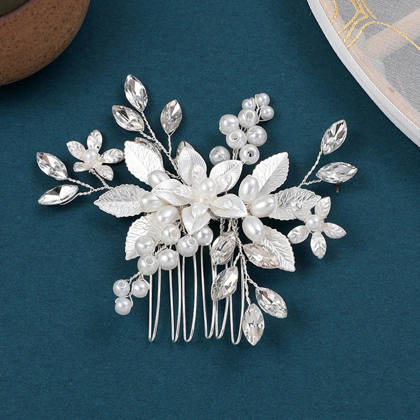 Crystal Pearl Hair Comb Clip Pin Alloy Leaf Hair Comb Handmade Headband For Women Bride Wedding Hair Accessories Jewelry