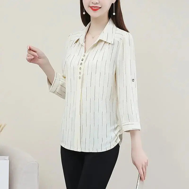 Spring Summer  3/4 Sleeve Loose Polo Neck Striped Button Shirt Vintage