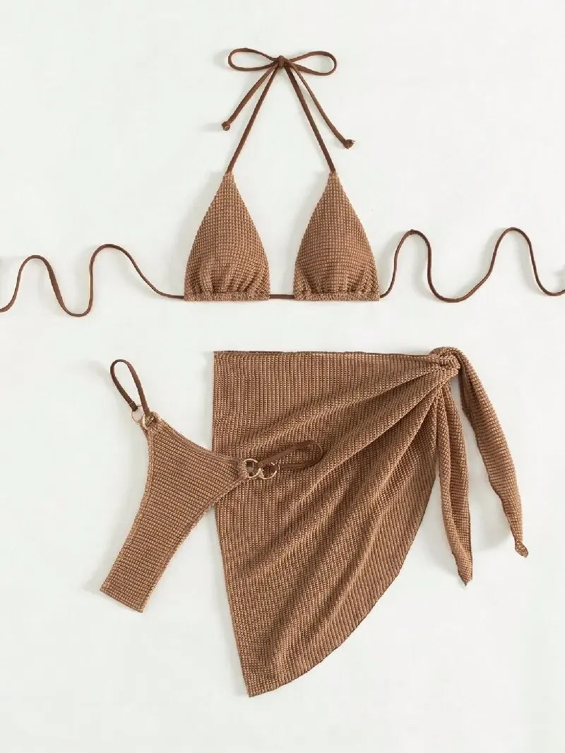 Brown Bikini Set Women Halter Push Up Bra Skirt 3 Piece Swimsuit Summer Bathing Suit Cover Up Thong Swimwear