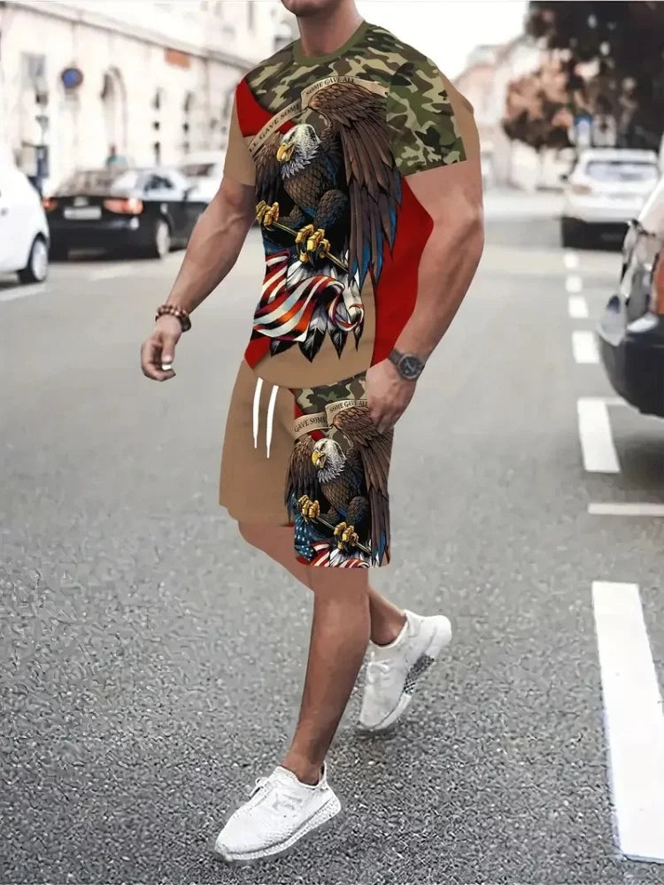 Hip Hop Style Personality Cartoon 3D Printed Men's Round Neck Short Sleeve 2 piece Fashionable Street Sports All-match Men's Suit