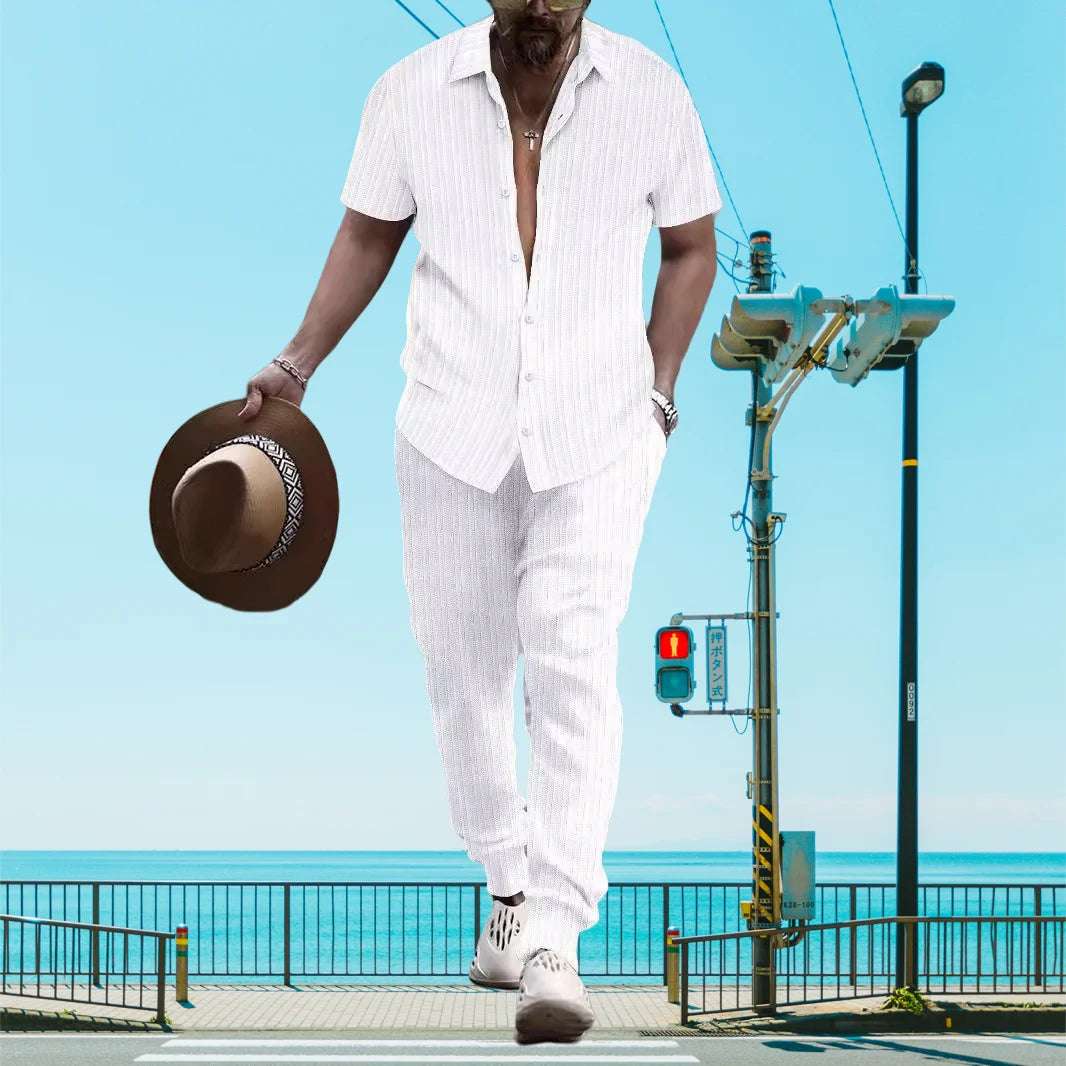 Ultra-thin Ultra-light Summer Men's Shirt Casual Loose Short Sleeve + Trousers Beach Suit Surf Casual Solid Color Lapel Suit