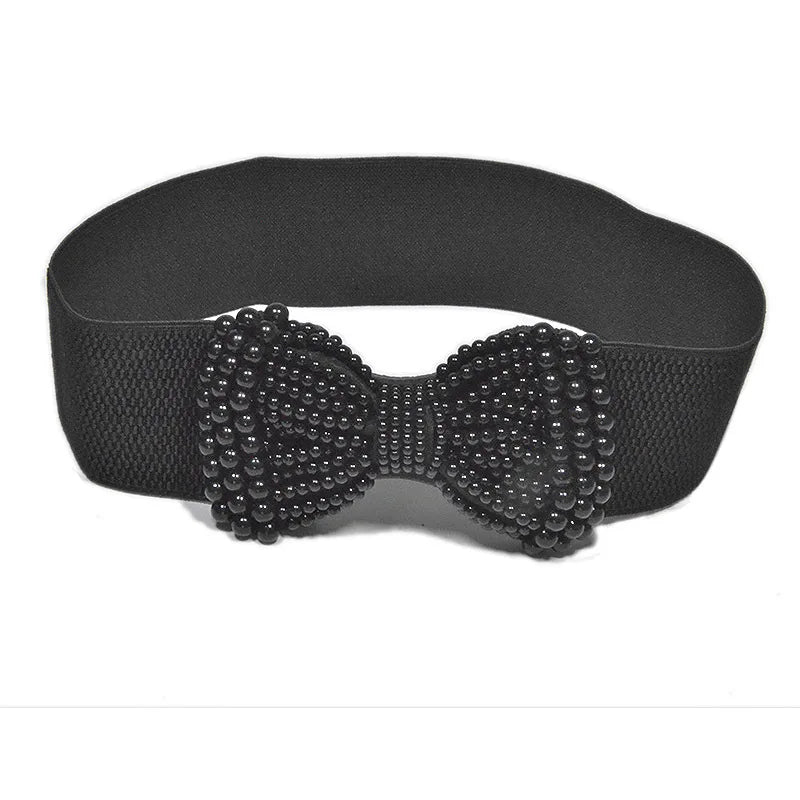 Women's Elastic Wide Belt Pearl Waist Cover Versatile Dress Decoration High Quality Wide Pearl Bow