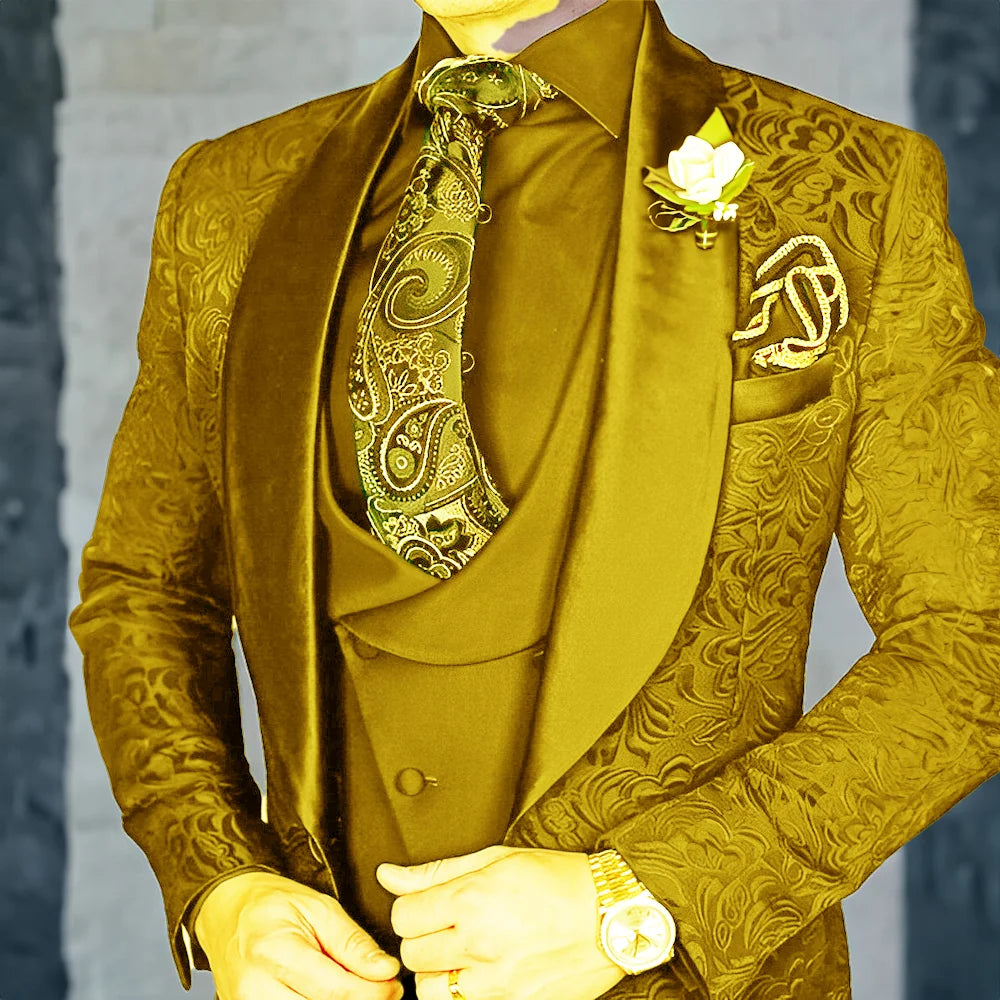 Jacquard Men's 3-piece Suit Set Formal Party Dress Groom's Tuxedo High Quality Elegant Men's Customized Outfit