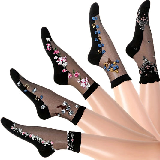 5 Pairs Mesh Floral Print Mid Calf Socks Crystal Glass Short Thin Socks Women's Stockings Hosiery