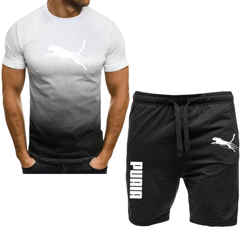 Men's sports set, casual T-shirt set and running shorts, breathable, 2 pieces