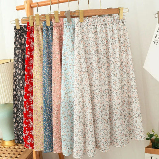 Chiffon Midi Skirt Floral Loose High Waist  Casual  A Line