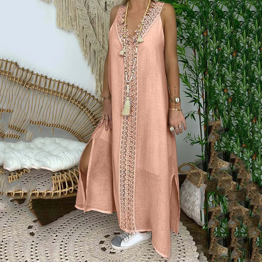Women's Vintage Sleeveless Lace Spliced Maxi Dress Casual Sundress Summer Plus Size Elegant V-neck Hollow Out Loose Long Dress