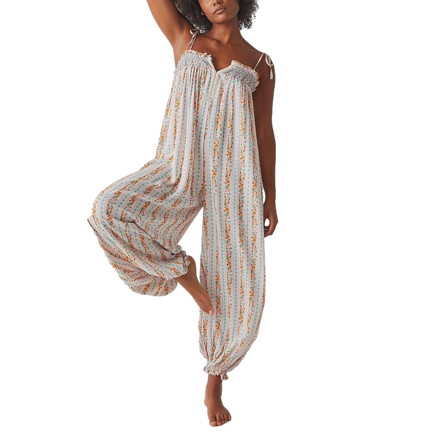 Women Summer Cami Jumpsuits Retro Floral Print Tie-Up Spaghetti Strap Sleeveless Long Rompers Fashion Loose