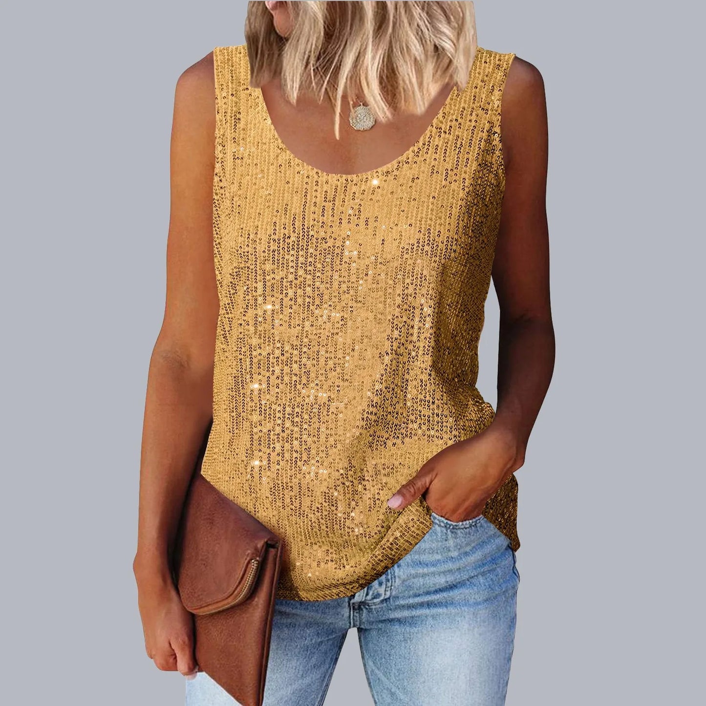 Sequin Women Summer Tank Top Fashion Round Neck Sleeveless Tanks Tops Women Blouses