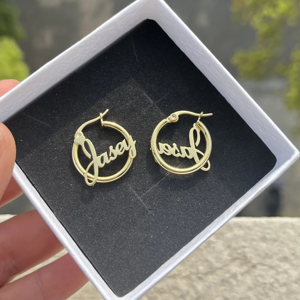 Custom Nameplate Earring Hoops 20mm 18K Gold Plated Stainless Steel Letter Round Earring