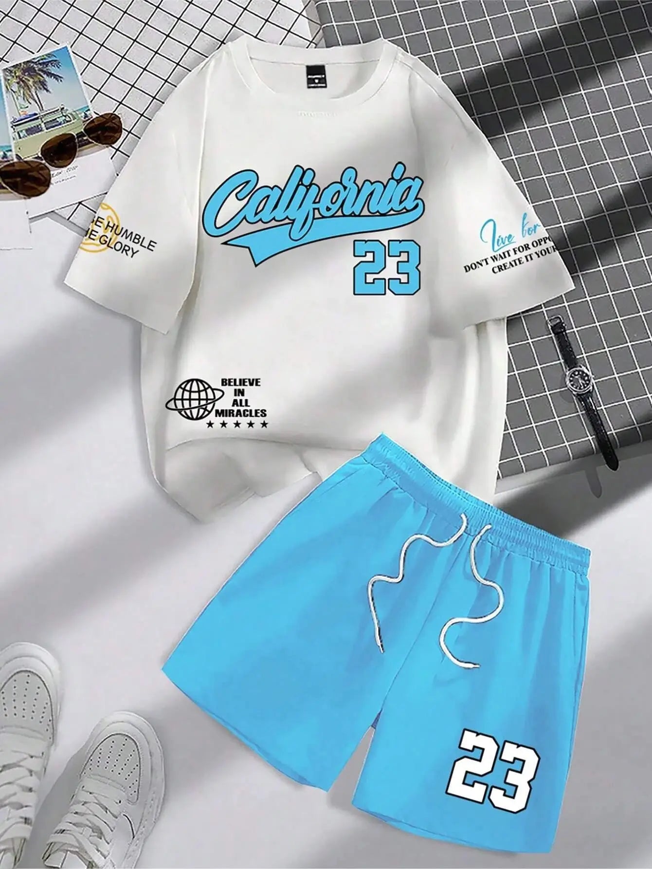 summer new trend men's suit round neck short sleeve set fashion personalized alphanumeric print round neck T-shirt and shorts