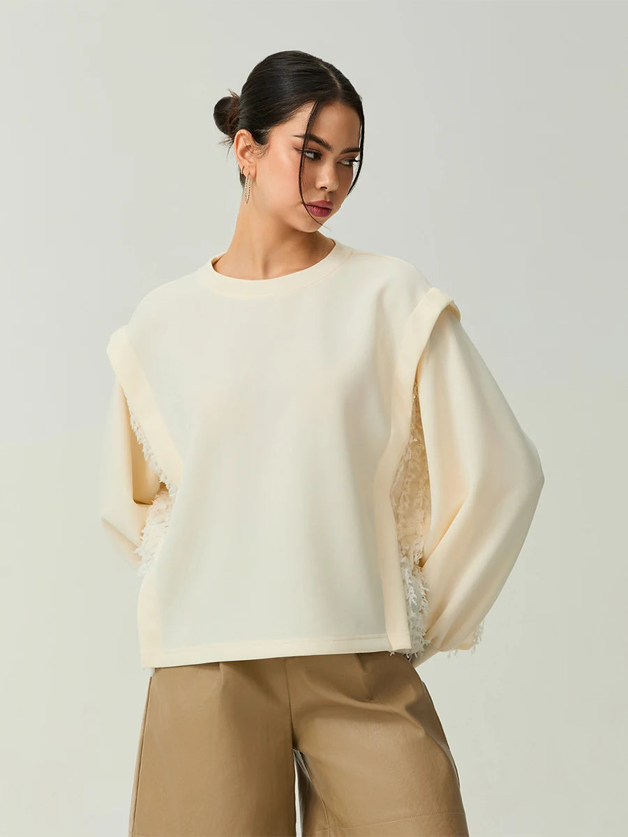 Women s Distressed  Oversized Pullover Sweater with Ribbed Crew Neck and Long Sleeves