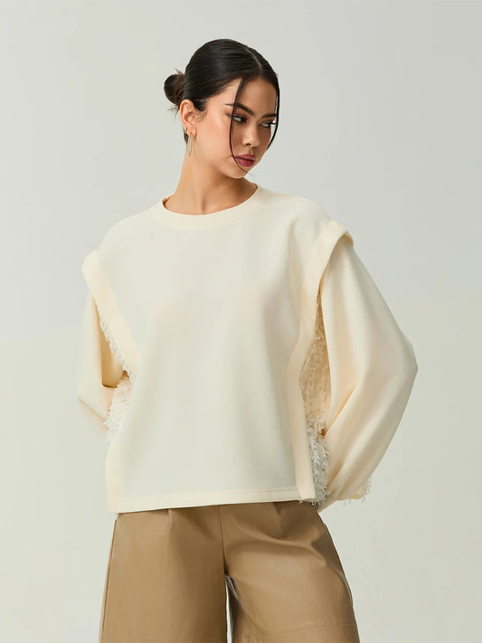 Women s Distressed  Oversized Pullover Sweater with Ribbed Crew Neck and Long Sleeves