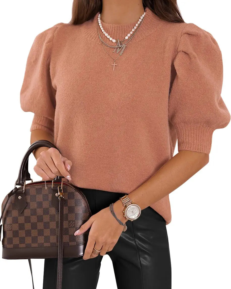 Women's Puff Short Sleeve Sweater Knitted Pullover Trendy Solid Crew Neck Casual Crop Tops Sweater