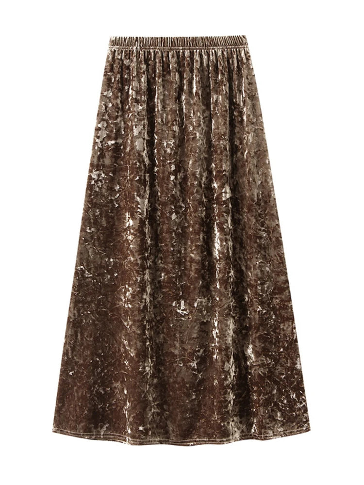 Elegant Velvet Party Women's Skirt Elastic High Waist A-line  Loose Long