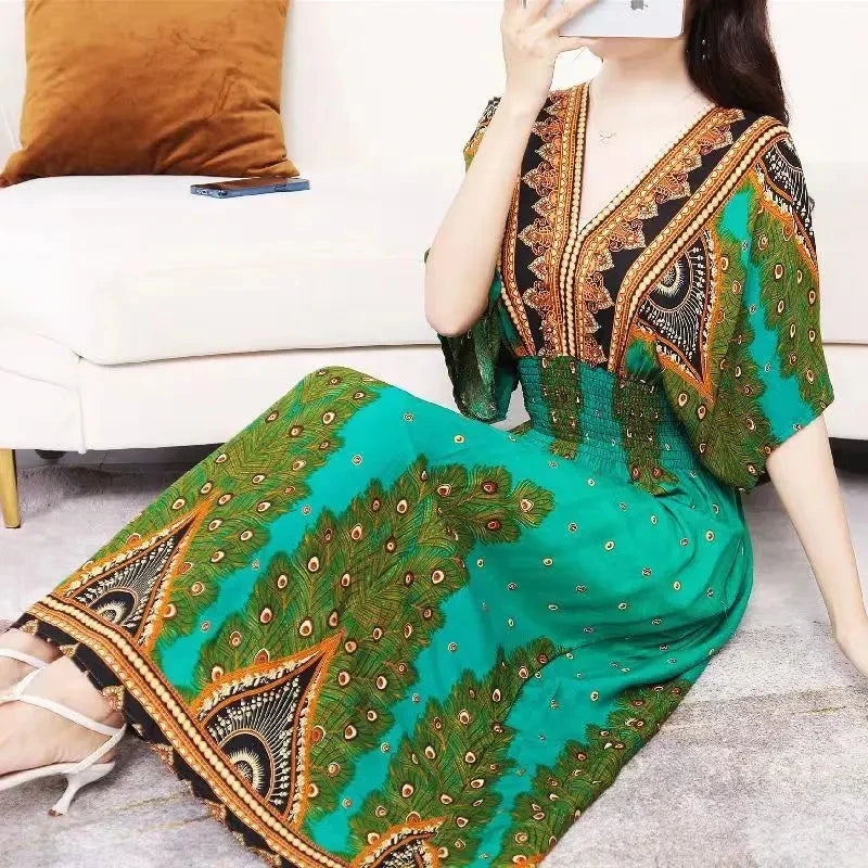 Colorful Flower V-neck Elastic Youthful Bohemian Sweet Midi Dress Woman Clothes Chic Fashion Summer Dresses